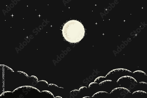 A stylized illustration of a bright moon shining through a night sky