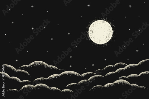A detailed illustration of a bright moon shining above dark clouds