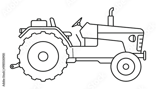 Outline drawing of a farm tractor with large rear wheels and front wheels, engine and cab