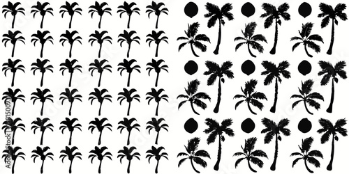 Collection of silhouetted palm trees and tropical leaves on white background