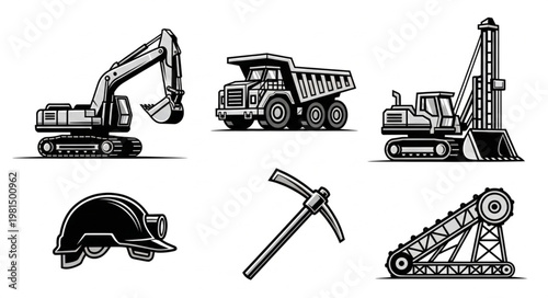 Collection of mining equipment and tools illustration.