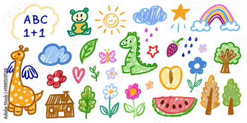 Colorful children s drawings depict various objects animals and simple equations