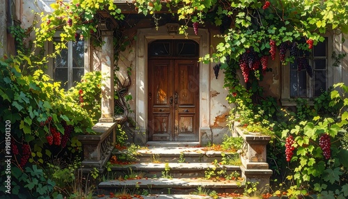 Overgrown house with lush greenery and red peppers