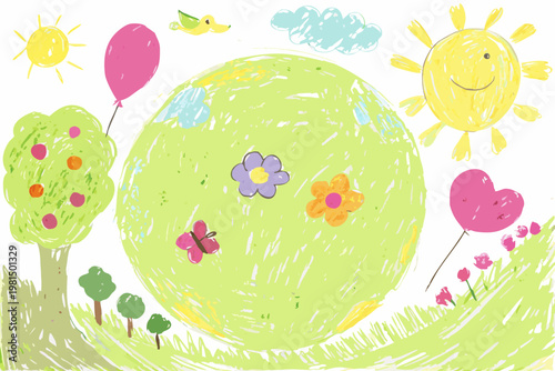 A colorful childlike drawing featuring a sun balloons and nature