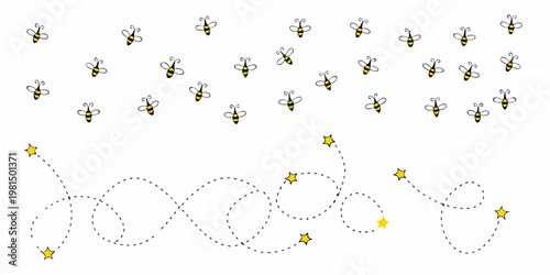 A swarm of bees flying with dotted trails and scattered stars