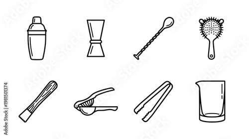 Bar tools illustrations set in simple black lines on a white background