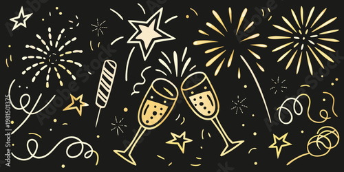 Celebratory doodles featuring fireworks champagne and festive party elements
