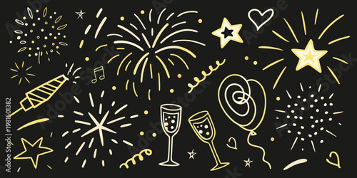 Celebratory doodles of fireworks champagne and party accessories on black