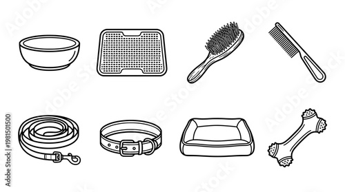 Dog care essentials illustrated black and white set of pet supplies