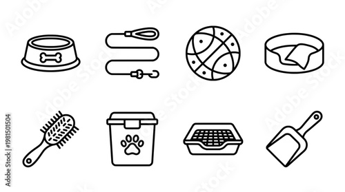 Dog and cat care and grooming equipment icons black and white