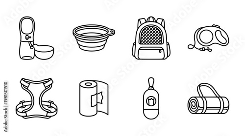 Dog supplies vector set leash harness water bottle backpack and more