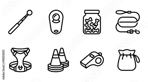 Dog training equipment icon set black and white line art illustration