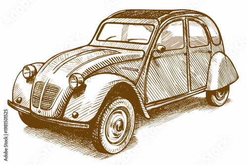 A vintage citro n 2cv sketched in a detailed sepia toned style