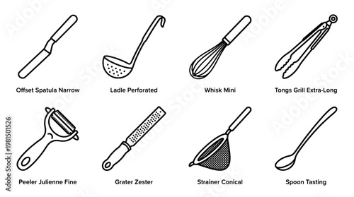 Essential kitchen utensils vector illustration of cooking tools in outline