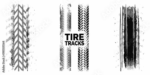 Four distinct tire track impressions with the words tire tracks