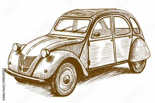 A vintage citro n 2cv car sketched in a detailed brown monochrome style