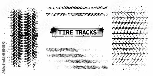 Variety of black tire track impressions and a tire tracks label