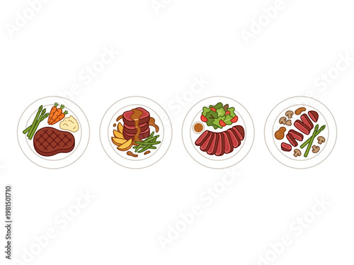 Minimalist Flat 2D Vector Infographic: Overhead View of Diverse Steak Meal Plates with Various Gourmet Accompaniments.