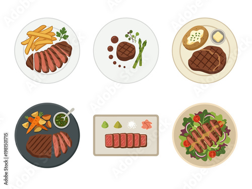 Minimalist flat 2D vector infographic showcasing diverse steak plates with various side dishes, ideal for culinary themes.