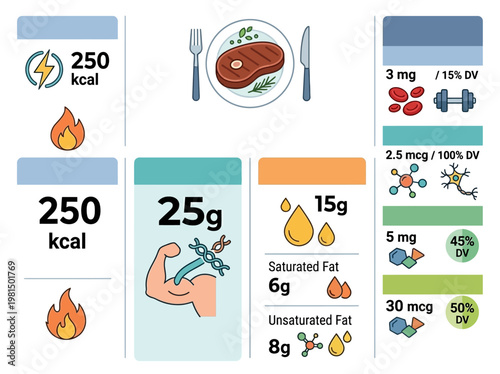 Vector infographic presenting steak nutrition: calories, protein, fats, and essential micronutrients for a healthy diet.