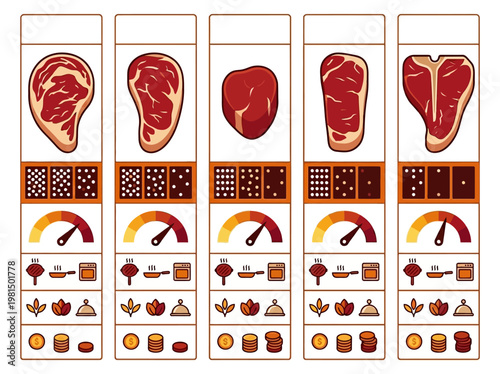 Detailed Infographic Comparison of Various Premium Beef Steak Cuts with Doneness, Marbling, and Cost Indicators