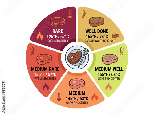 Modern flat vector infographic illustrating steak doneness levels with precise temperature guides for perfect culinary results
