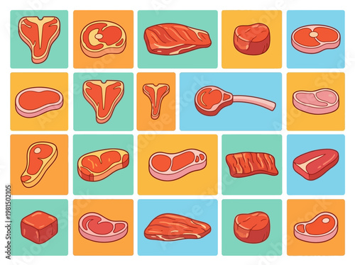 Playful modern flat vector infographic showcasing a variety of fresh raw meat cuts on vibrant backgrounds for culinary and food design.