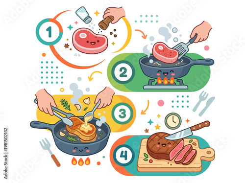 Playful modern flat 2D vector infographic illustrating the step-by-step process for cooking a delicious steak, from seasoning to slicing.