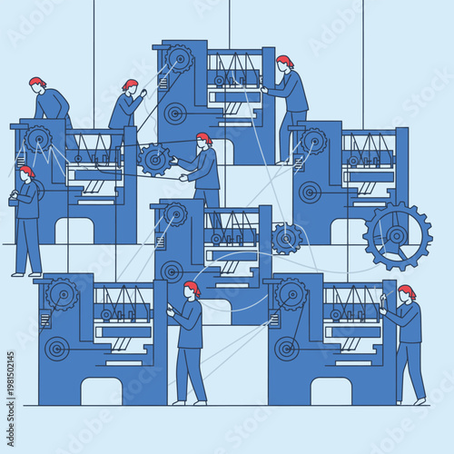 Workers operating complex machinery in a factory setting.