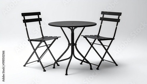 Black metal folding chairs and round table set for cafe bistro seating, minimalist outdoor or indoor furniture design