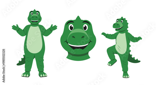 Green Dinosaur Mascot Character: Full Body, Headshot, and Action Pose