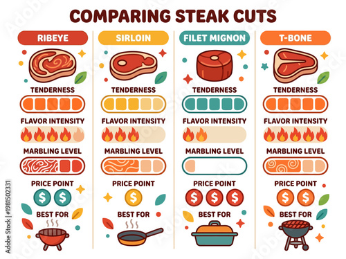 Infographic: Steak cuts comparison. Tenderness, flavor, marbling, price, cooking. Playful 2D vector style.