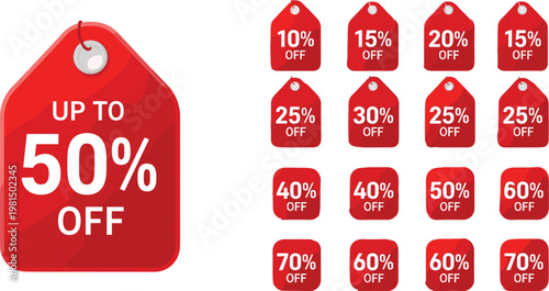 Discount Tags Set with Percentage Off Labels in Red Featuring "Up to 50% Off" for Sales and Promotions