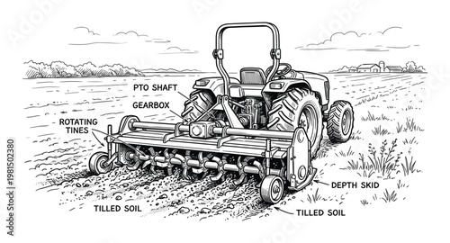 Tractor with rotary tiller attachment cultivating soil in agricultural field with farms in background