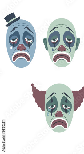Sad Clown Masks with Tears, Melancholy and Depression Concept