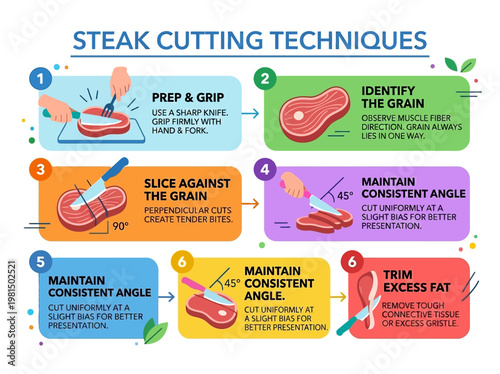 Modern flat vector guide showcasing proper meat cutting methods, offering a clear tutorial on preparing steak expertly
