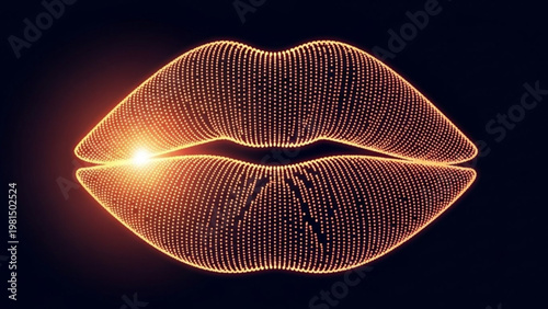 Glowing, Illuminated Lips Formed by a Grid of Dotted Lines with a Warm Light Effect on a Dark Background