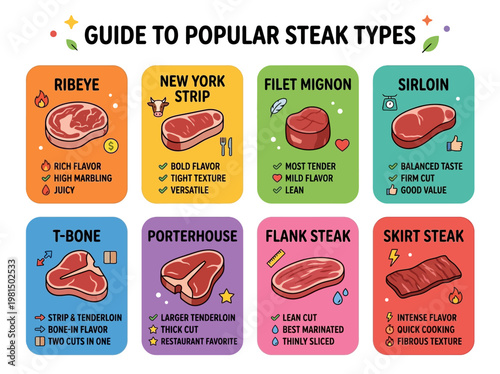 Explore a playful, modern 2D vector infographic guide to popular beef steak types, detailing characteristics and culinary uses.