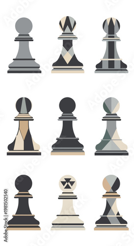 Set of Abstract Chess Pawns, Geometric Patterns, Modern Design, Isolated on White