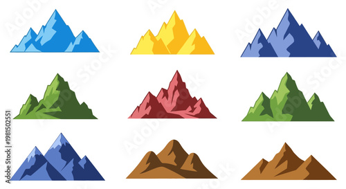 Set of Colorful Mountain Peaks Icons, Vector Graphics, Nature Landscape Elements