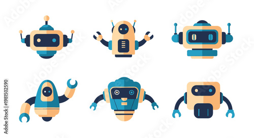 Set of Cute Cartoon Robots, Futuristic Androids and AI Bots, Flat Design
