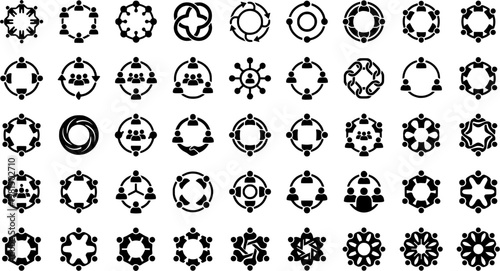 Set of circular teamwork and collaboration icons in black and white
