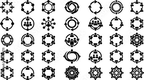 Set of circular teamwork and collaboration icons in black and white
