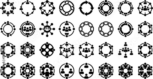 Set of circular teamwork and collaboration icons in black and white
