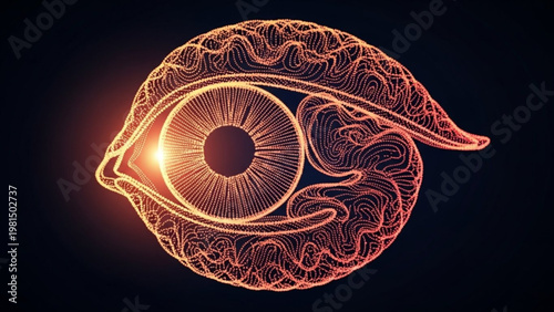 Abstract glowing eye design with intricate, swirling patterns representing consciousness and perception on a dark background