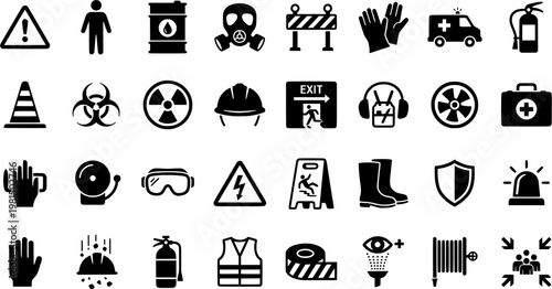 Hazard Mitigation Icons. Hazard Mitigation. Solid icon set of Hazard Mitigation: warning sign, biohazard symbol, hazmat suit, chemical barrel, gas mask,