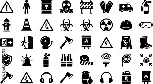 Hazard Mitigation Icons. Hazard Mitigation. Solid icon set of Hazard Mitigation: warning sign, biohazard symbol, hazmat suit, chemical barrel, gas mask,