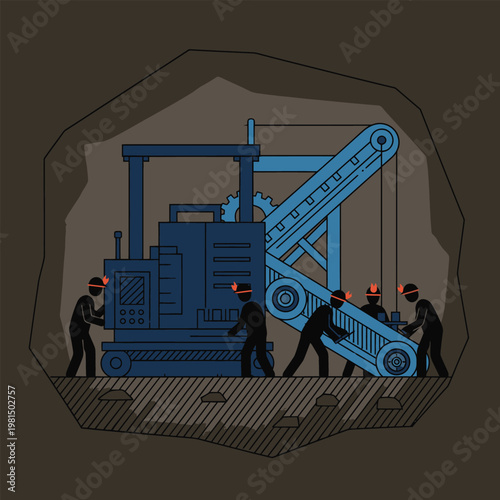 Miners Operating Heavy Machinery in Underground Mine.