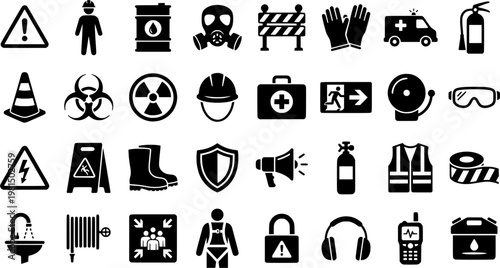 Hazard Mitigation Icons. Hazard Mitigation. Solid icon set of Hazard Mitigation: warning sign, biohazard symbol, hazmat suit, chemical barrel, gas mask,