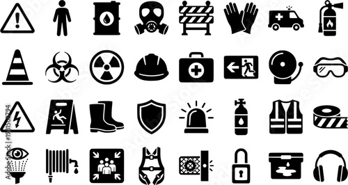 Hazard Mitigation Icons. Hazard Mitigation. Solid icon set of Hazard Mitigation: warning sign, biohazard symbol, hazmat suit, chemical barrel, gas mask,